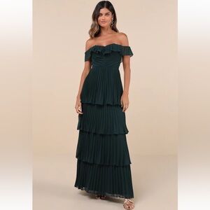 Lulu's Strapless Tiered Dark Green Dress